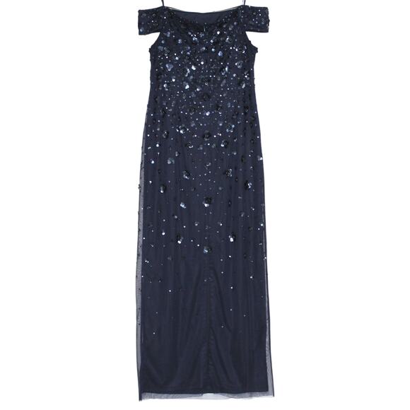 Adrianna Papell Navy Beaded Off Shoulder Formal Maxi Dress Size 14 - Picture 9 of 13